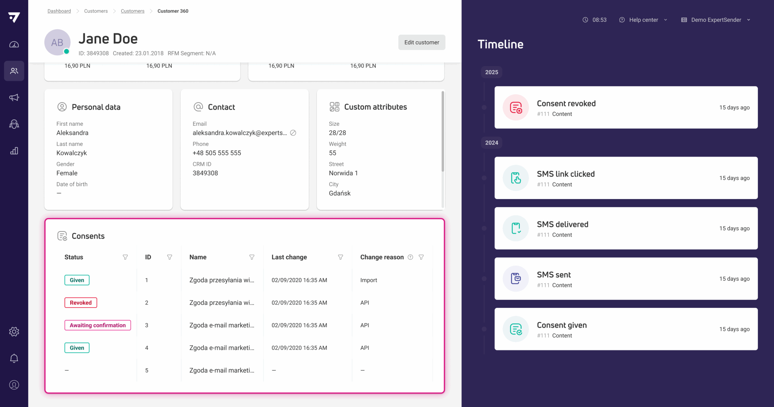 Widok zgód w Customer 360 pokazuje źródło i szczegóły zmian