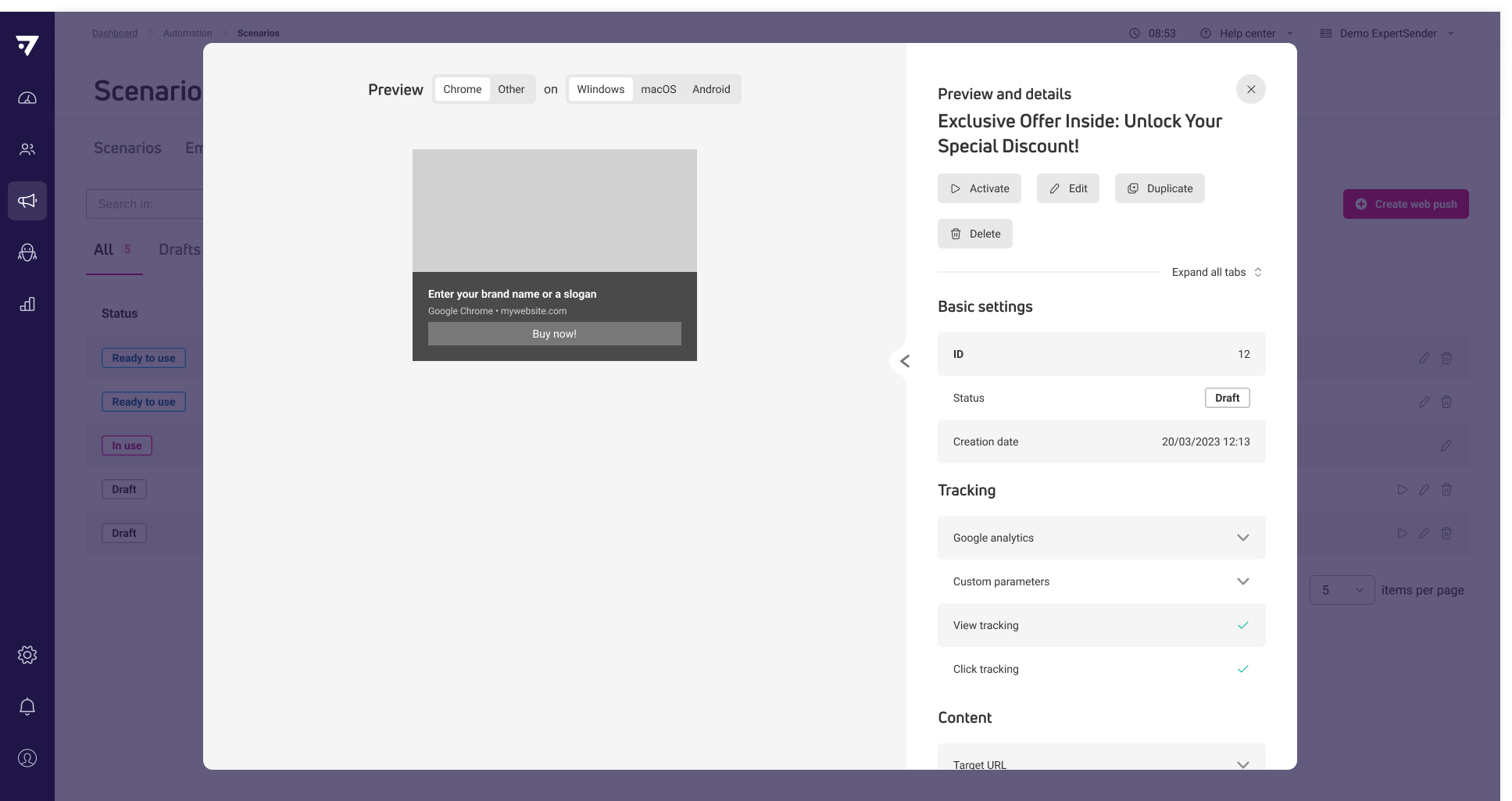 Web push content preview and details in scenarios