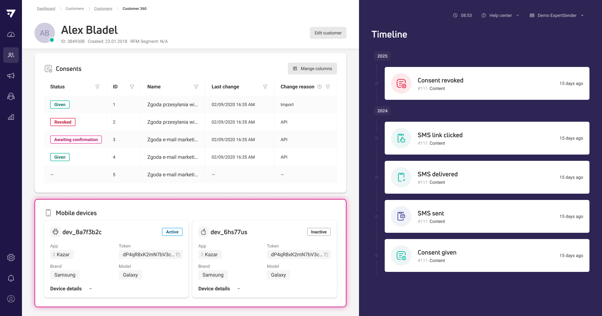 Mobile devices section in Customer 360