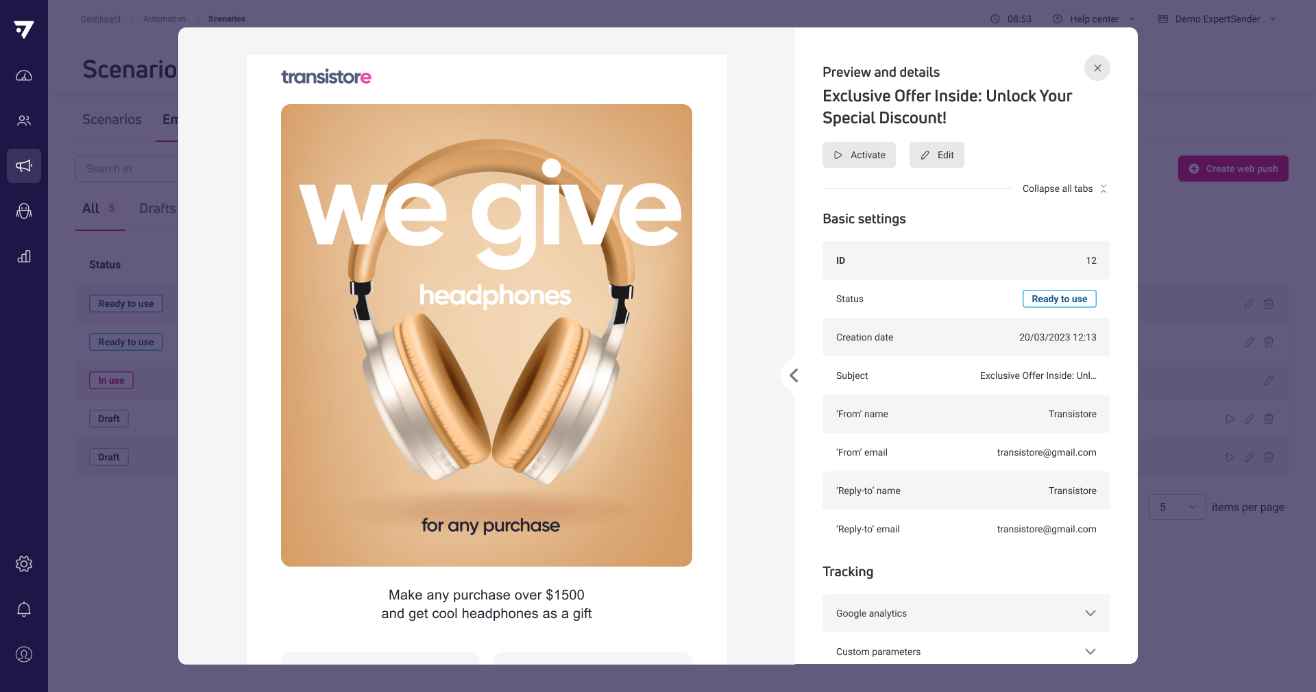 Email content preview and details in scenarios
