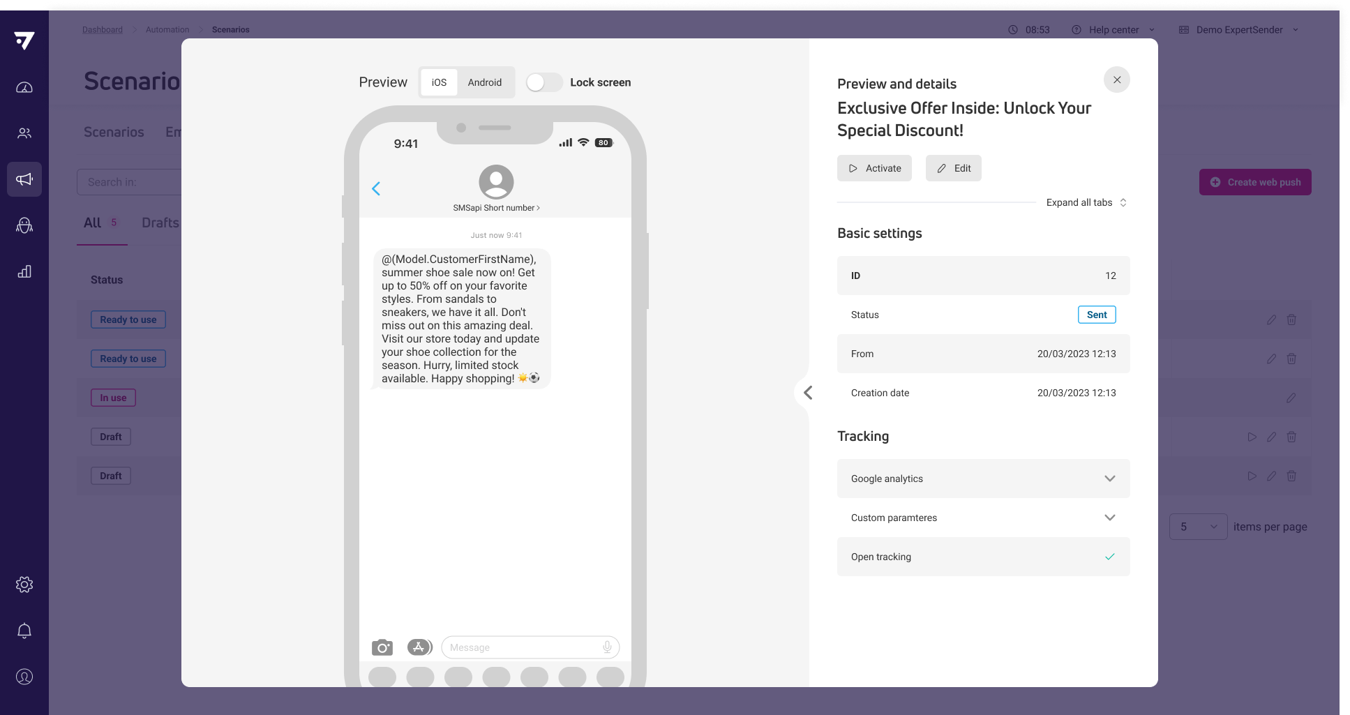 SMS content preview and details in scenarios