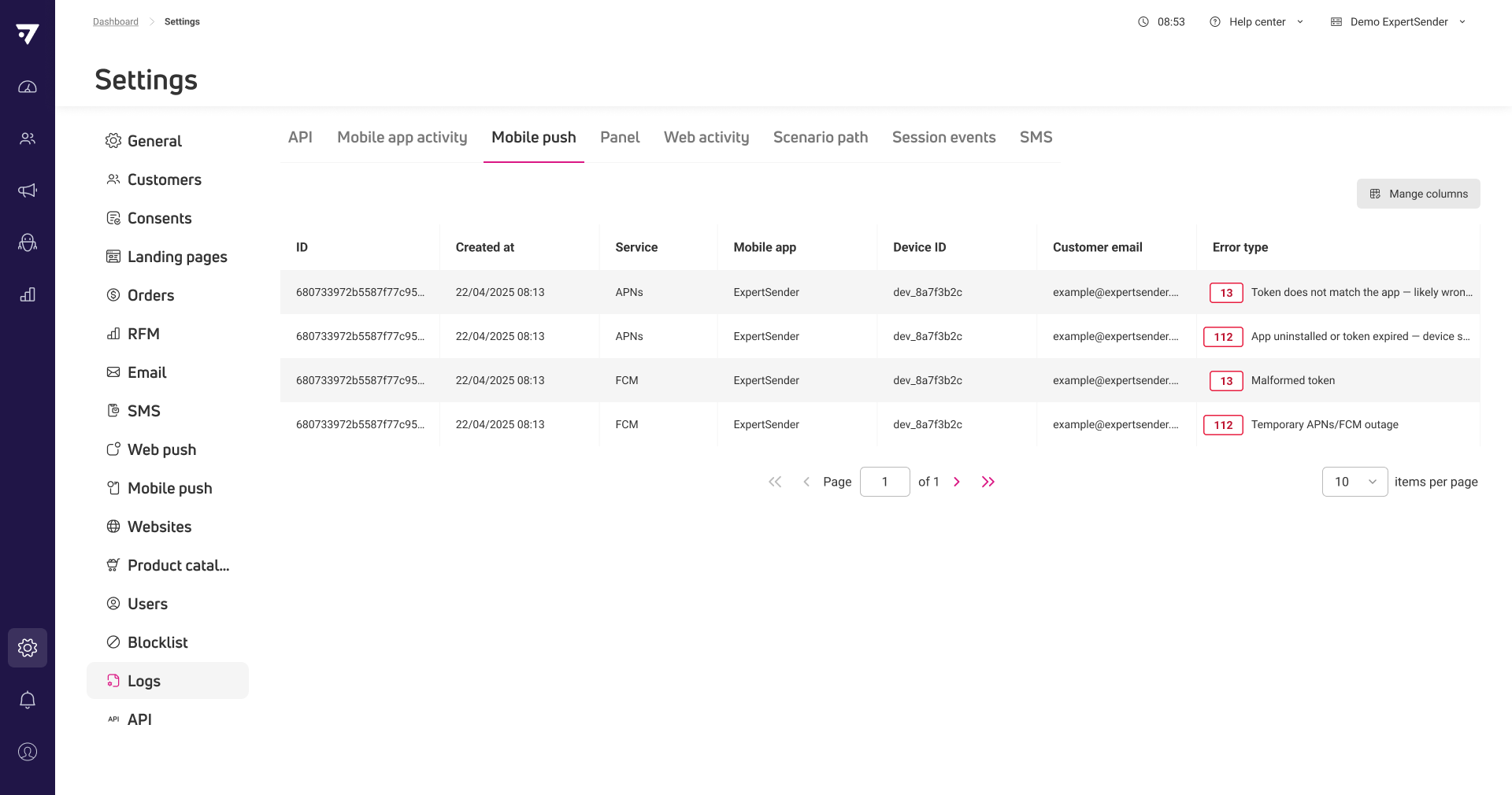 Mobile push delivery error logs added to Settings