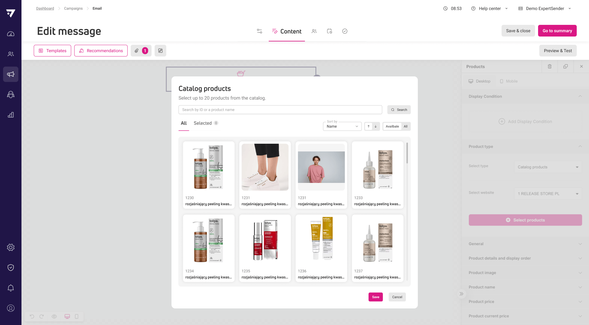 Select and place specific products from catalog in email content