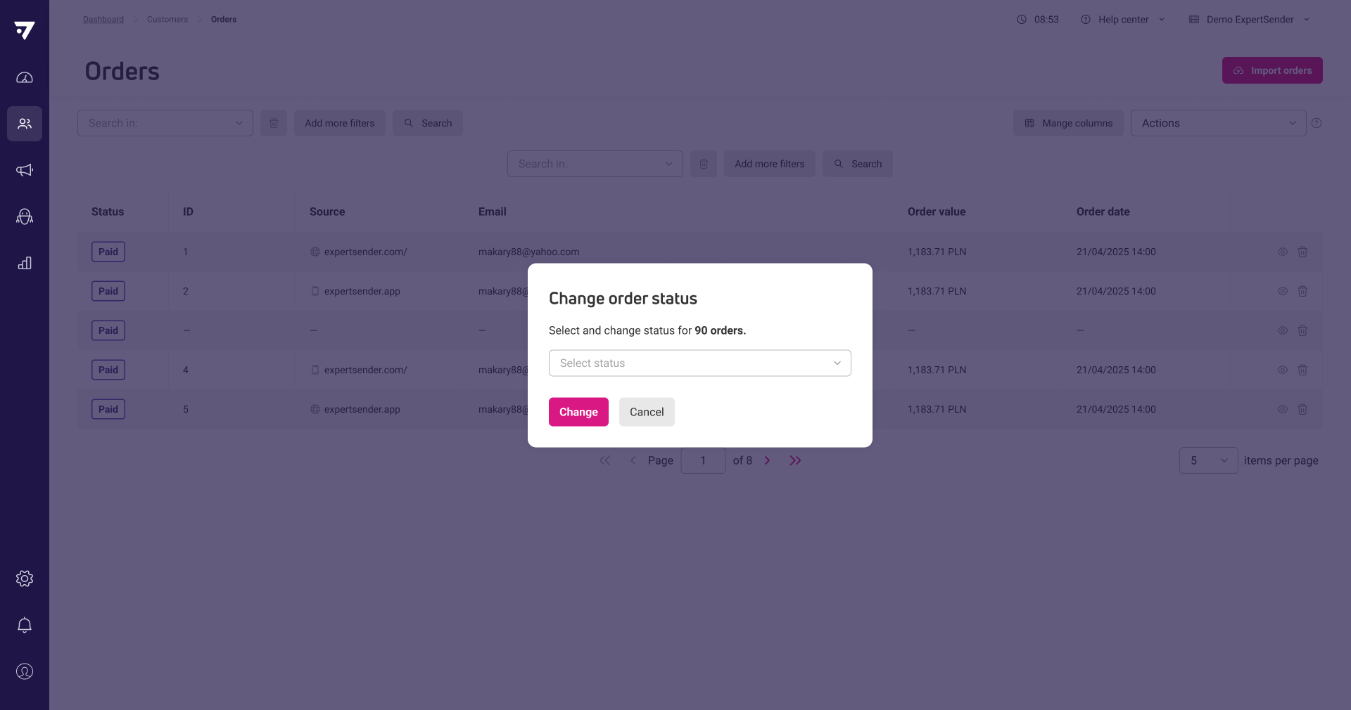 Mass actions for orders: delete and change status