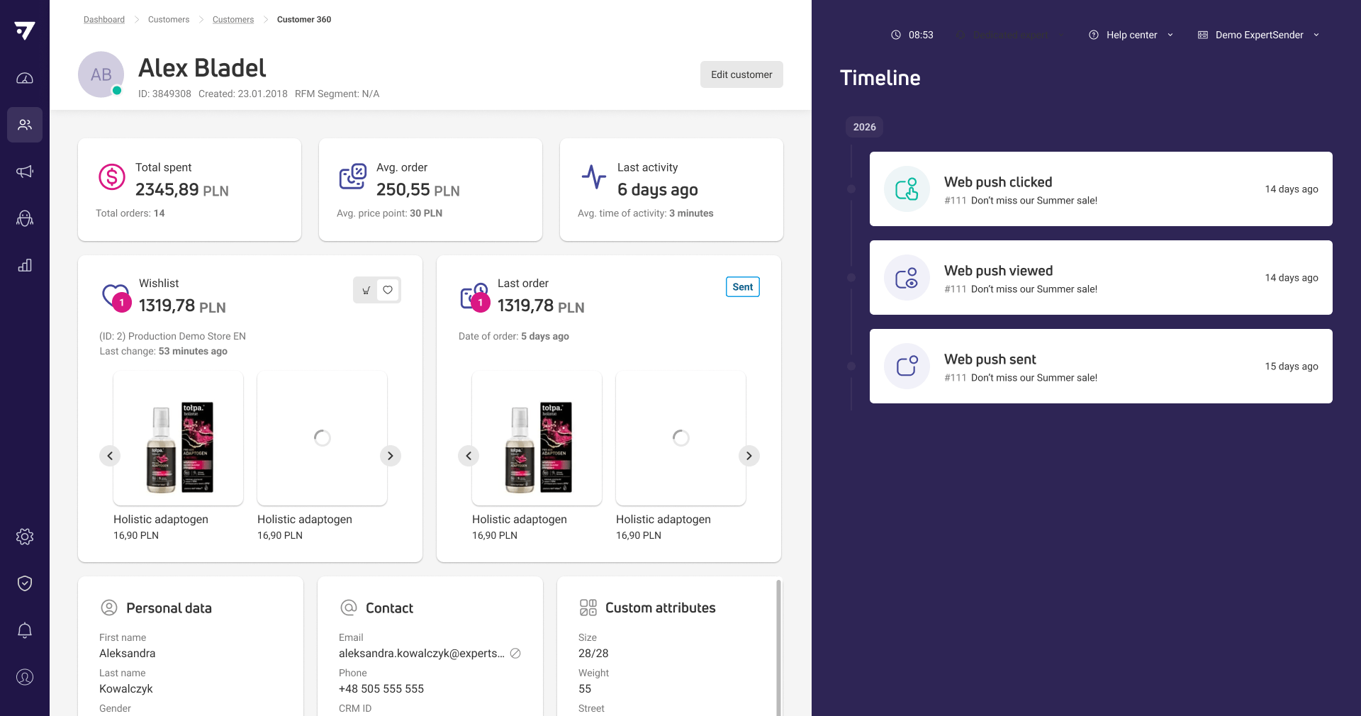 Web push events visible in Customer 360 timeline