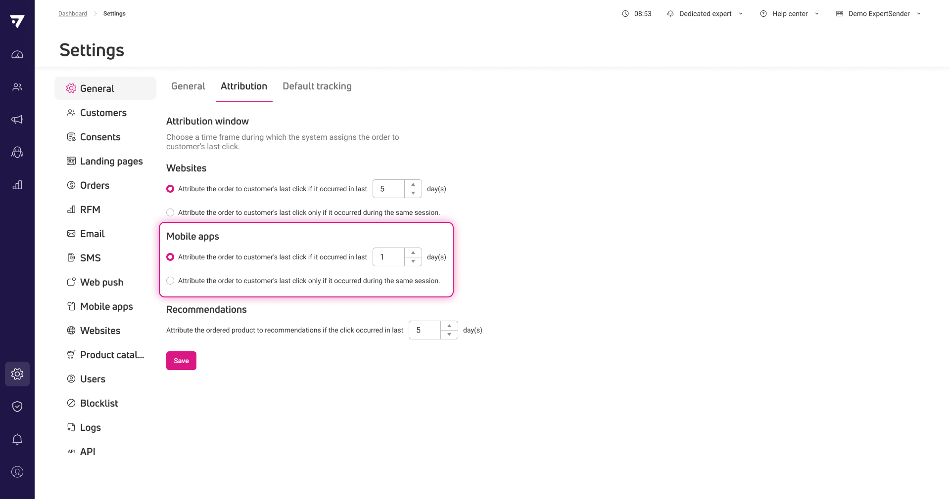 Separate attribution window for mobile app orders