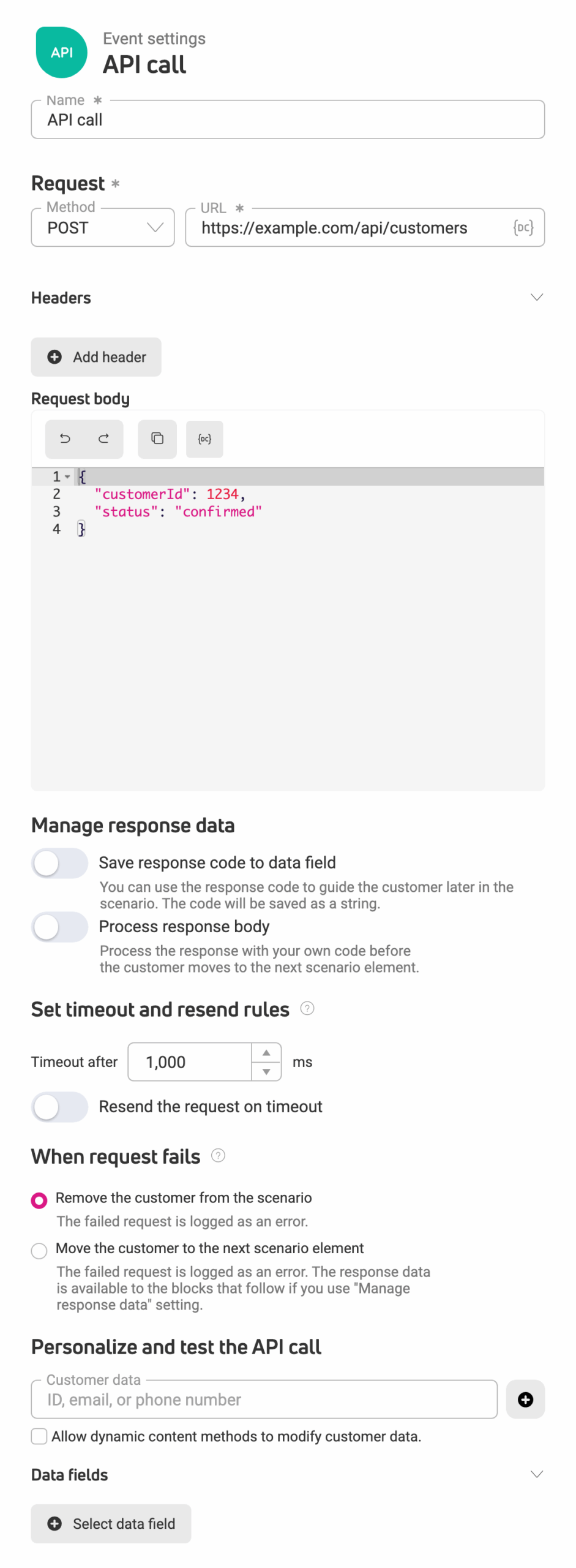 API call element settings: request, response handling, timeout and resend rules, and failed request handling