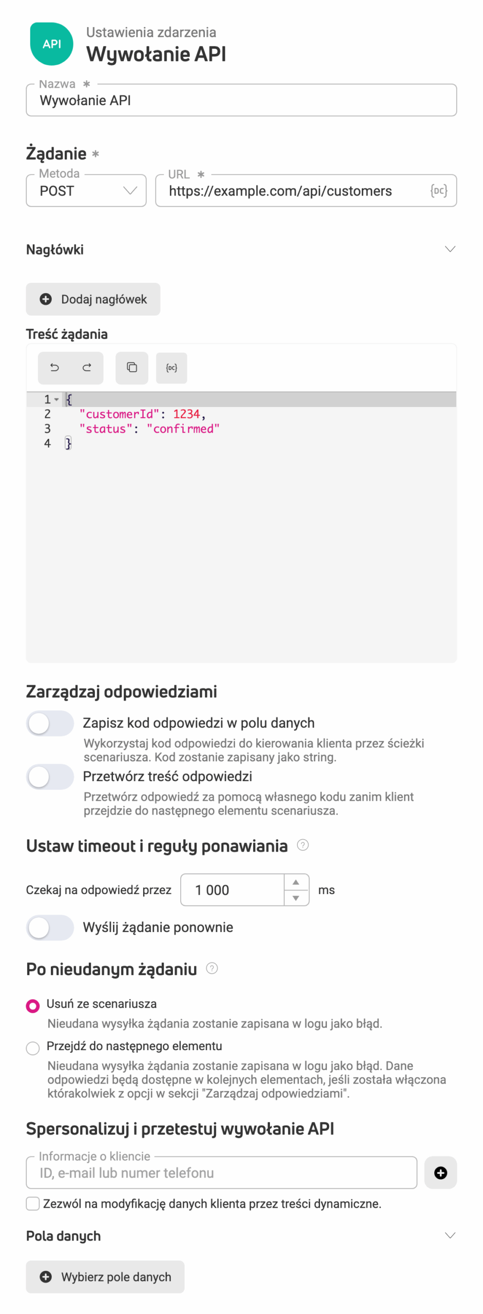 Ustawienia elementu Wywołanie API: żądanie, obsługa odpowiedzi, timeout i ponawianie oraz obsługa nieudanego żądania
