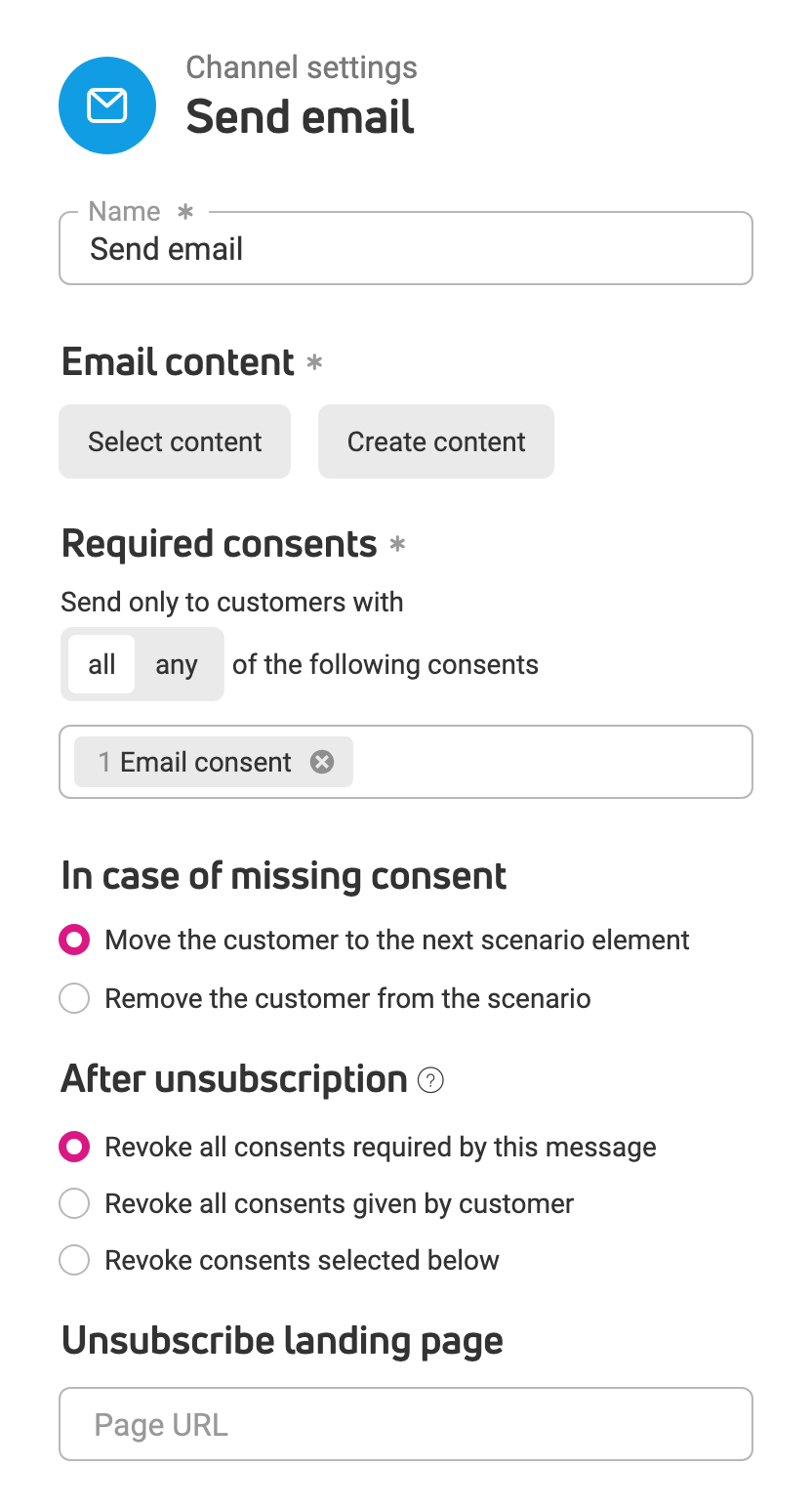 Send email element settings: content, required consents, handling of missing consent, and unsubscription options