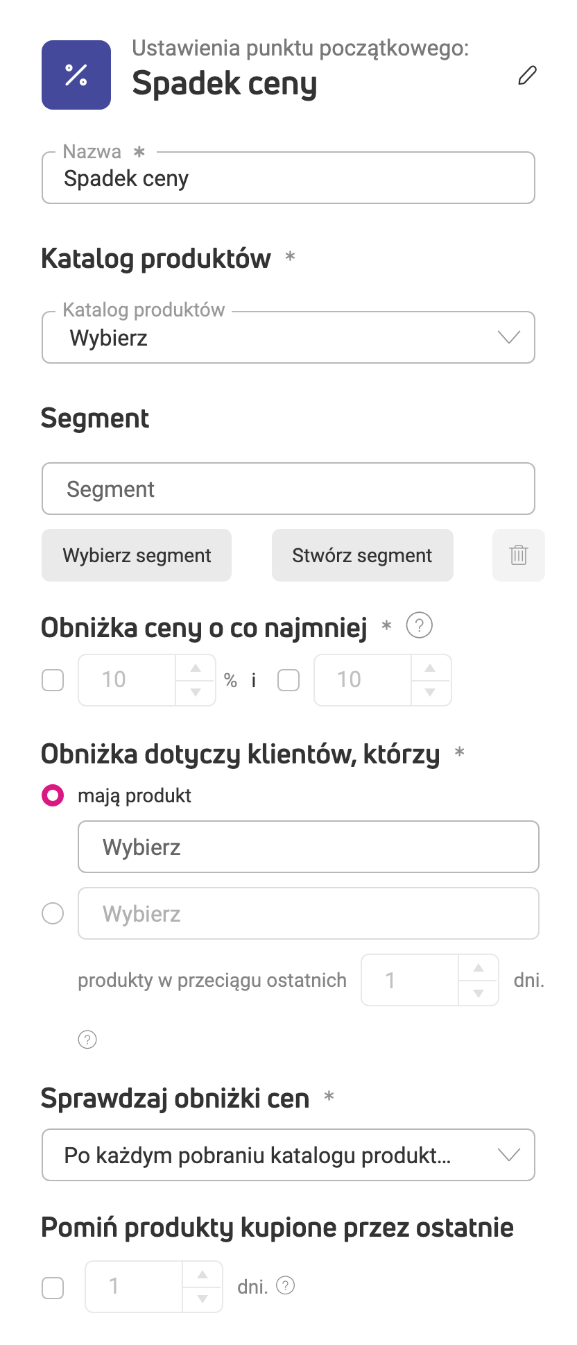 Ustawienia punktu początkowego Spadek ceny: katalog produktów, segment, minimalna obniżka, warunki dla klientów, harmonogram sprawdzania i pomijanie kupionych