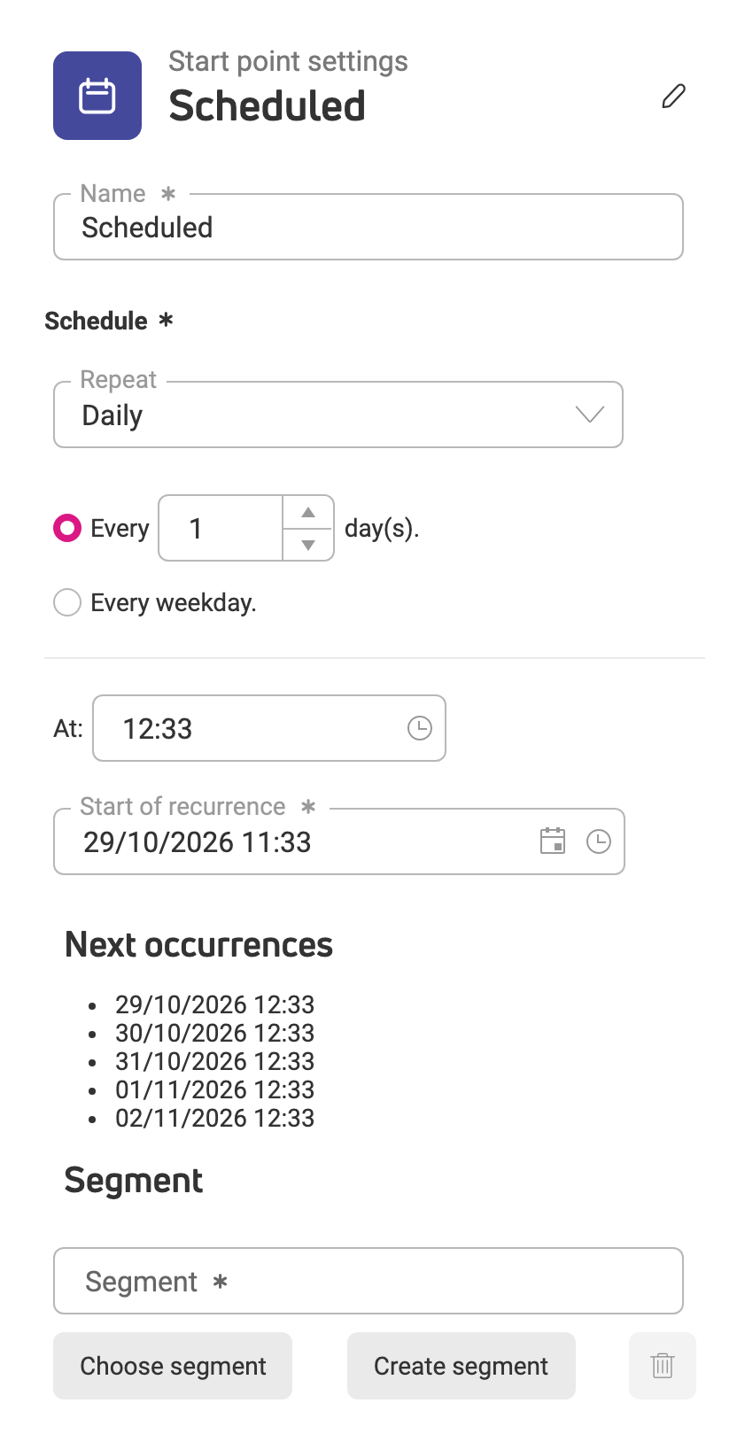Repeat on schedule start point settings with daily repeat, start date and a list of next occurrences